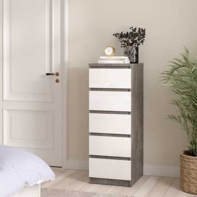 Naia Narrow Chest of 5 Drawers in Concrete and White High Gloss - image 1
