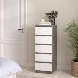 Naia Narrow Chest of 5 Drawers in Concrete and White High Gloss - thumbnail 1