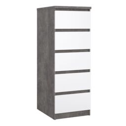Naia Narrow Chest of 5 Drawers in Concrete and White High Gloss - thumbnail 2