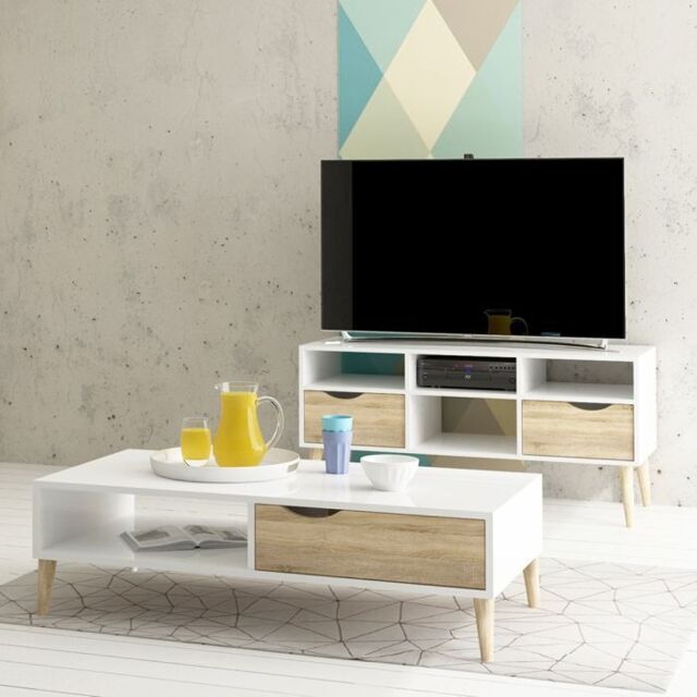 Oslo TV Unit Wide 2 Drawers 4 Shelves in White and Oak - image 1