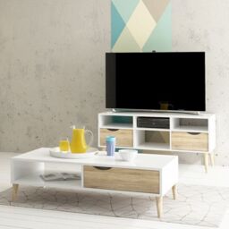 Oslo TV Unit Wide 2 Drawers 4 Shelves in White and Oak - thumbnail 1