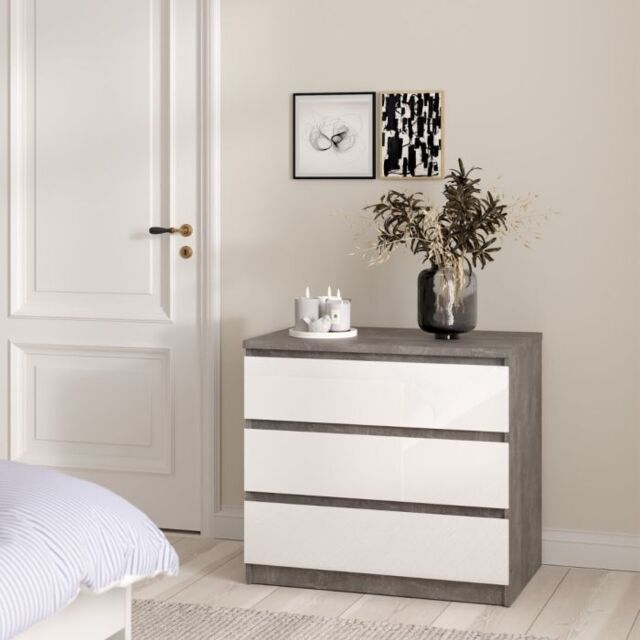 Naia Chest of 3 Drawers in Concrete and White High Gloss - image 1