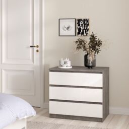 Naia Chest of 3 Drawers in Concrete and White High Gloss - thumbnail 1