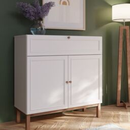 Wensley Console Table with 2 Doors & 1 Drawer in Light Grey and Oak  Modern Hallway Storage - thumbnail 5