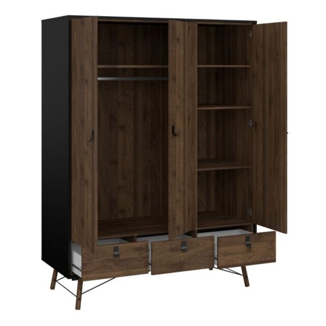 Ry 3 Door 3 Drawer Wardrobe in Matt Black Walnut – Modern Bedroom Storage - image 1