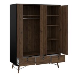 Ry 3 Door 3 Drawer Wardrobe in Matt Black Walnut – Modern Bedroom Storage - thumbnail 1