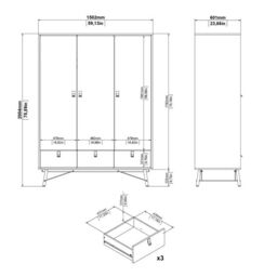 Ry 3 Door 3 Drawer Wardrobe in Matt Black Walnut – Modern Bedroom Storage - thumbnail 4