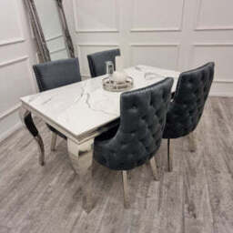 Louis Chrome Dining Table – Modern Luxury with Polished Elegance - Light Grey Marble / 1.6 M - thumbnail 3