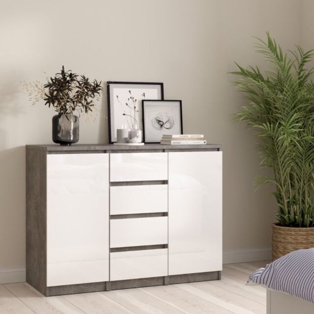 Naia Sideboard with 4 Drawers and 2 Doors in Concrete and White High Gloss - image 1