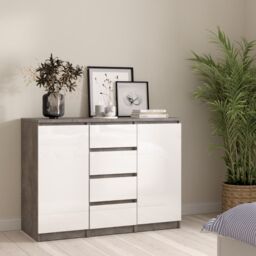 Naia Sideboard with 4 Drawers and 2 Doors in Concrete and White High Gloss - thumbnail 1