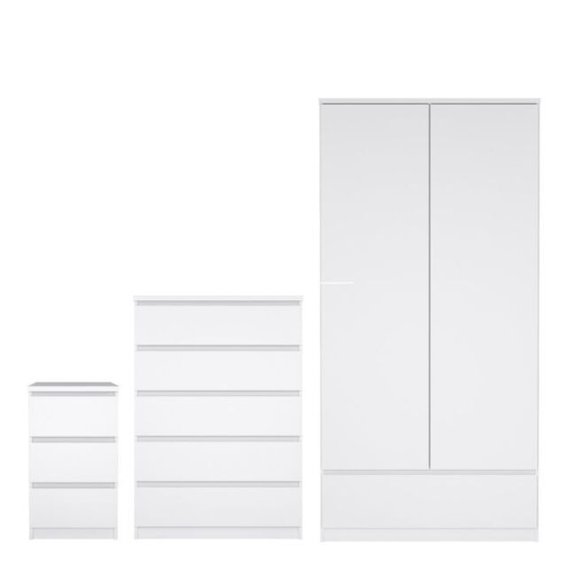 Naia 4 Piece Bedroom Furniture Package – 3 Drawer Bedside, 5 Drawer Chest, 2 Door 1 Drawer Wardrobe in White High Gloss - image 1