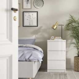 Naia 4 Piece Bedroom Furniture Package – 3 Drawer Bedside, 5 Drawer Chest, 2 Door 1 Drawer Wardrobe in White High Gloss - thumbnail 4