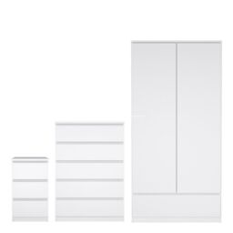 Naia 4 Piece Bedroom Furniture Package  3 Drawer Bedside, 5 Drawer Chest, 2 Door 1 Drawer Wardrobe in White High Gloss