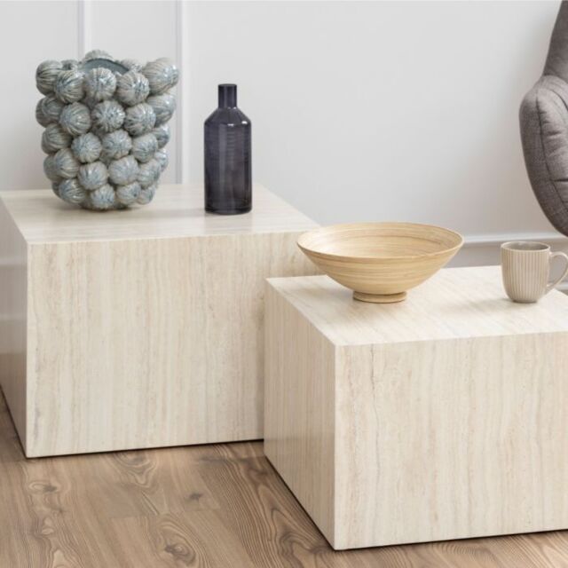 Dice Square Coffee Table Set in Light Travertine Effect - image 1