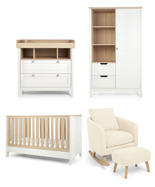 Harwell 3 Piece Cotbed Range with Alma Nursing Chair & Stool - White/ Off White Boucle