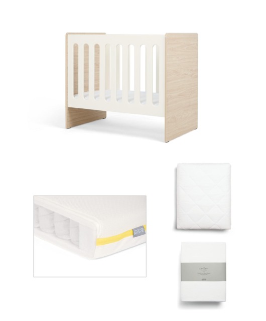 Vyne Mini Cot with Signature Pocket Spring Mini Cot Mattress & Sheets (4 Piece) - White/Oak