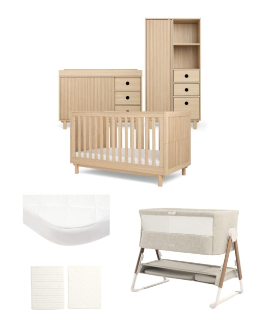 Oska Nursery Bundle With Wide Dresser Changer & Lua Bedside Crib (6 Pieces) - Oak