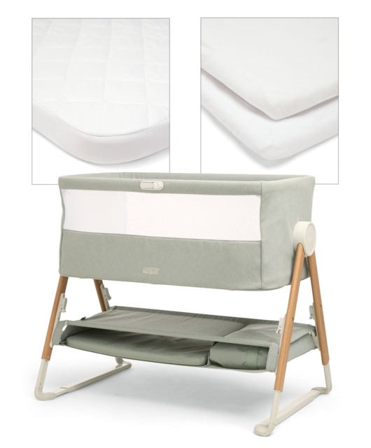 Lua Bedside Crib with Sheet & Mattress Protector Bundle - Sage/White