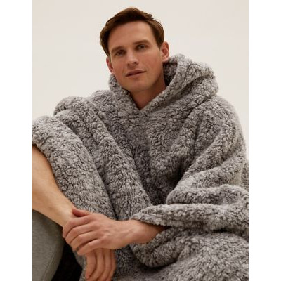The M&S Snuggle™ Teddy Fleece Adults' Hooded Blanket - Large - Grey, Grey,Natural