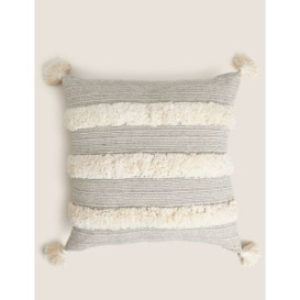M&S Pure Cotton Tufted Tassel Stripe Cushion - Natural Mix, Natural Mix,Charcoal