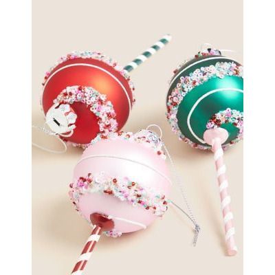 M&S 3pk Glass Lollipop Baubles - Multi, Multi