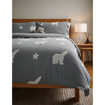 M&S Carved Fleece Polar Bear Bedding Set DBL Grey Mix, Grey
