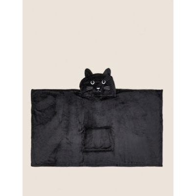 The M&S Snuggle™ Fleece Cat Hooded Blanket - Large - Black, Black