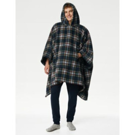 The M&S Snuggle™ Borg Fleece Checked Hooded Blanket - MED - Navy Mix, Navy Mix,Red Mix