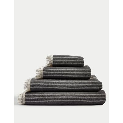 M&S Pure Cotton Striped Fringed Towel - HAND - Charcoal Mix, Charcoal Mix,Clay