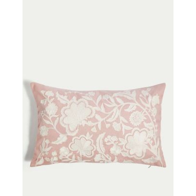 M&S Linen Blend Floral Embroidered Bolster Cushion - Pink Mix, Pink Mix