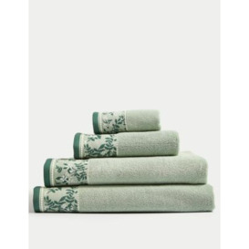 M&S Pure Cotton Woven Floral Towel - GUEST - Forest Green, Forest Green