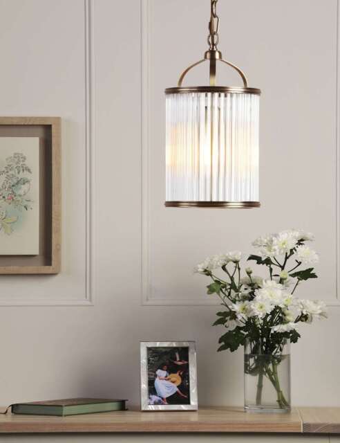Laura Ashley Sutton Metal & Ribbed Glass Pendant Light Antique Brass