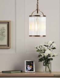 Laura Ashley Sutton Metal & Ribbed Glass Pendant Light Antique Brass