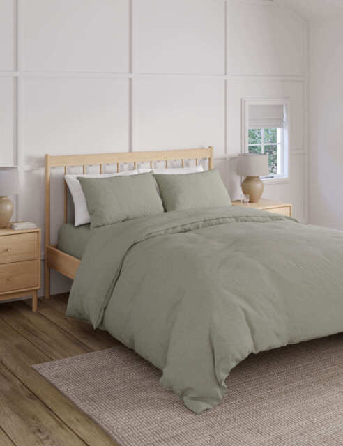 M&S Pure Linen Bedding Set - 6FT - Sage, Chambray,Sage