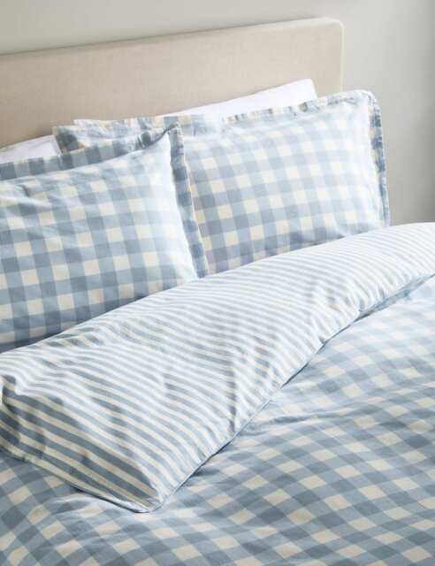 M&S Pure Cotton Gingham Bedding Set Blue Mix