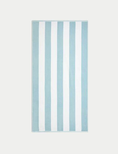M&S Pure Cotton Striped Sand Resistant Beach Towel Powder Blue