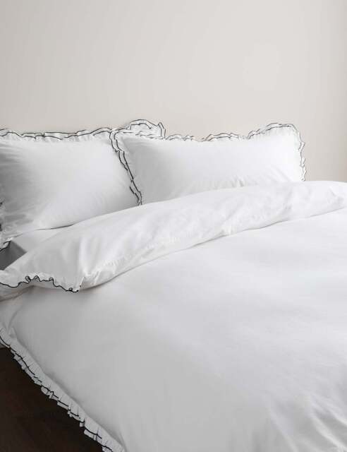 M&S Pure Cotton Contrast Double Ruffle Bedding Set Black Mix