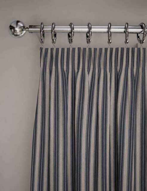 M&S Cotton Rich Striped Pencil Pleat Curtains Blue Mix