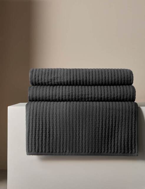 M&S X Kelly Hoppen Cotton with Linen Embroidered Bedspread Dark Grey