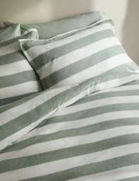 M&S Linen Blend Striped Yarn Dye Bedding Set Green Mix