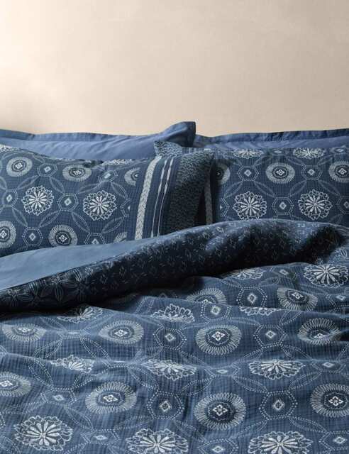 M&S X Fired Earth Pure Cotton Kouya Jacquard Bedding Set Carbon Blue