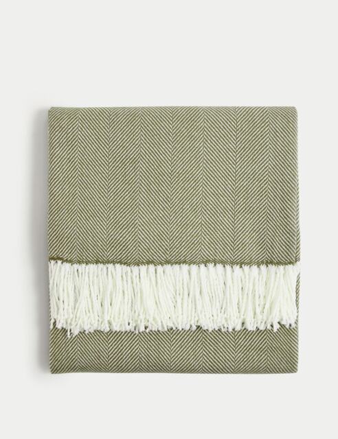 M&S Herringbone Throw Olive Mix