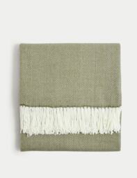 M&S Herringbone Throw Olive Mix