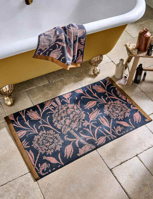 William Morris At Home Pure Cotton Wild Tulip Bath Mat Navy Mix