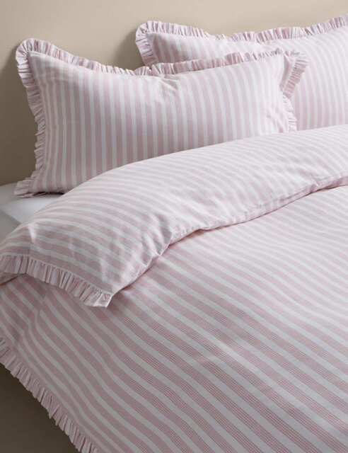 M&S Pure Cotton Narrow Stripe Ruffle Bedding Set Pink Mix