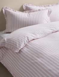 M&S Pure Cotton Narrow Stripe Ruffle Bedding Set Pink Mix