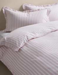 M&S Pure Cotton Narrow Stripe Ruffle Bedding Set Pink Mix