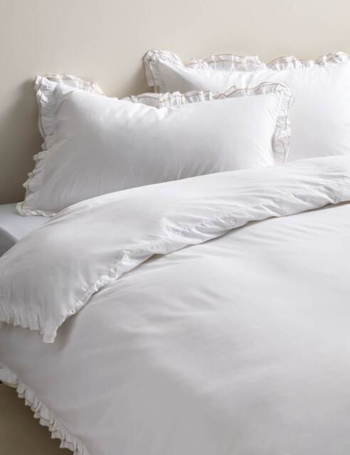 M&S Pure Cotton Contrast Double Ruffle Bedding Set Natural Mix