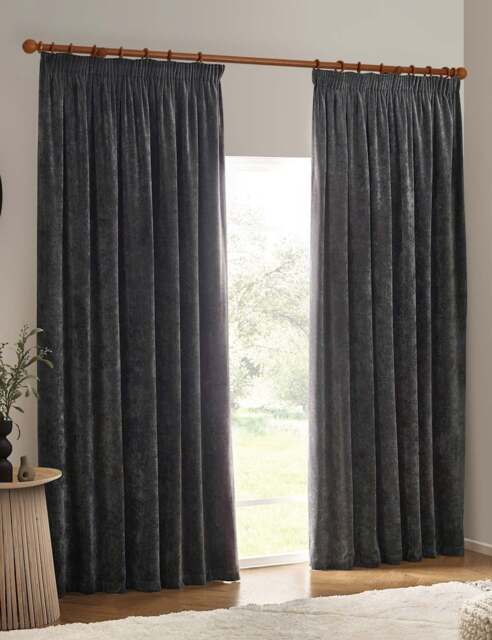 YARD Chenille Velvet Pencil Pleat Curtains Charcoal