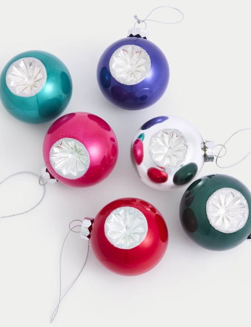 M&S Collection 6pk Multicoloured Glass Retro Baubles, Multi